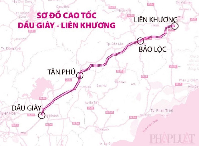 Sơ đồ cao tốc Dầu Giây - Liên Khương, bao gồm đoạn cao tốc Tân Phú - Liên Khương. (Ảnh: Báo Pháp luật TP HCM)